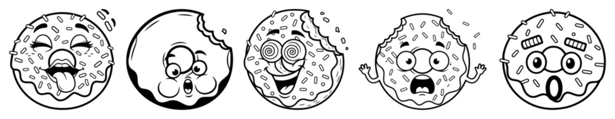retro cartoon donut characters with emotions vector set