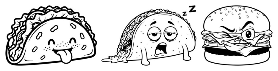 retro cartoon fast food characters with emotions vector set