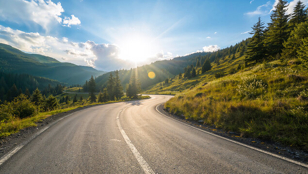 Winding mountain road with scenic views of the sun and surrounding landscape - Powered by Adobe
