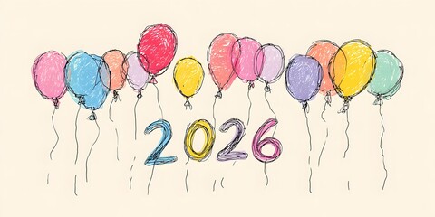 Happy New Year 2026 banner and cute balloons, New Year greeting card for kids.