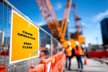 A construction site with a warning sign for crane operation, emphasizing safety, alongside workers in safety gear and cranes in the background.