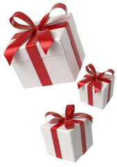 White gift boxes red ribbon isolated on a transparent background