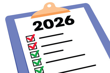 A clipboard displays a checklist with the year 2026 and several completed tasks marked with green checkmarks.