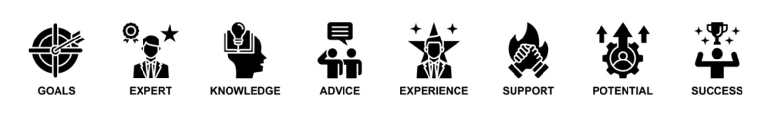 Banner web of Consulting icons vector illustration. Concept of goals, expert, knowledge, advice, experience, support, potencial, and success. Simple glyph vector illustration.