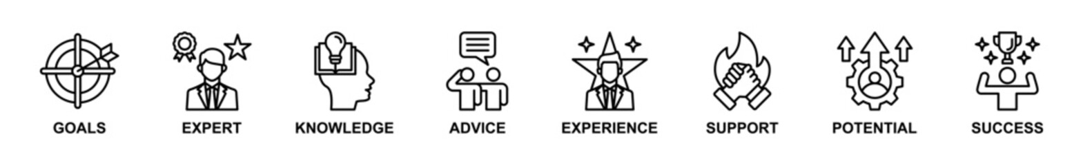 Banner web of Consulting icons vector illustration. Concept of goals, expert, knowledge, advice, experience, support, potencial, and success. Simple line vector illustration.