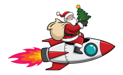 santa claus, red suit, white beard, christmas tree, gift sack, rocket ship, flames, yellow stars, holiday, space travel, cad drawing, vector illustration, perfect for festive graphics, holiday cards