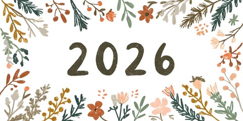 Happy New Year 2026 banner and cute flowers, New Year greeting card
