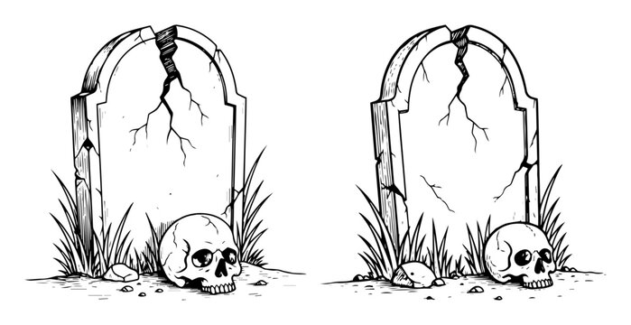 halloween tombstones and skulls vintage sketch vector set