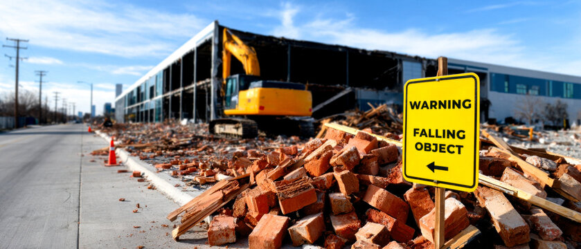 Construction site with debris, including bricks, and a warning sign indicating potential falling objects nearby.