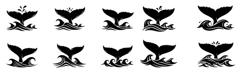 whale tail on ocean wave silhouette icon set vector