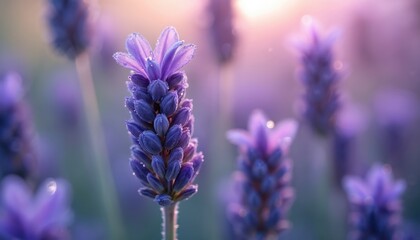 Macro shot of purple lavender flowers glistening with water droplets. Soft focus background with warm sunlight creates a serene and calming atmosphere perfect for relaxation themes and spa aesthetics.