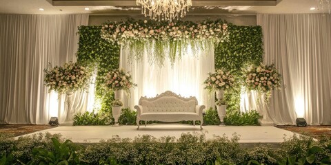 Elegant wedding setup with floral arrangements and draped fabrics