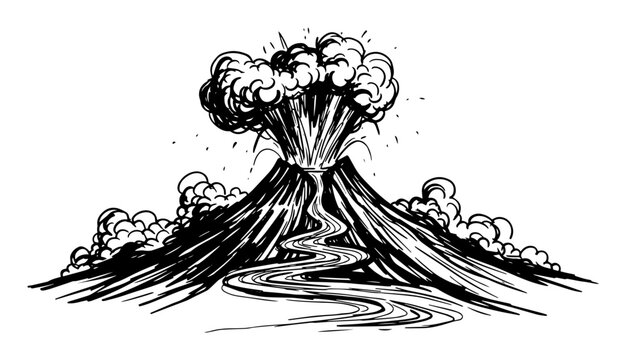 erupting volcano with lava flow hand drawn sketch vector