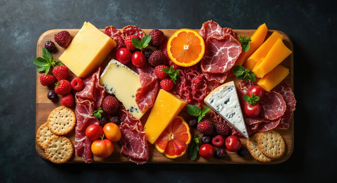 Assorted meats cheeses and fruits arranged on wooden board. Appetizer platter with crackers olives berries citrus slices and mint garnish offers gourmet snack. - Powered by Adobe