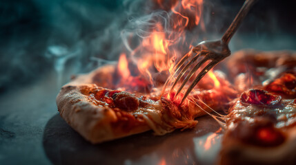 A close up shot of a pizza with pepperoni and cheese being lifted by a fork with flames around it