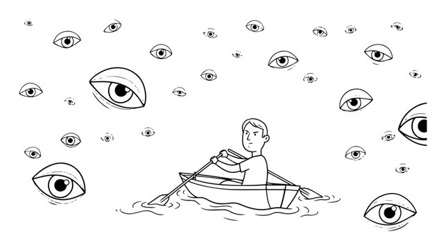 man in boat on a sea of watching eyes paranoia concept vector