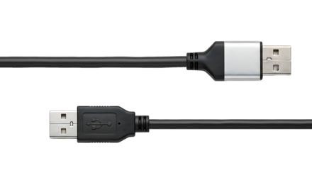 Close up of two black usb cables with different connector types on a transparent background isolated on transparent background