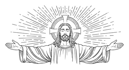 jesus christ with open arms religious sketch vector illustration