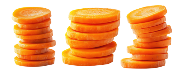 Tower of fresh carrot slices stacked neatly on a transparent background. Concept of healthy eating, nutrition, and vegetarian food presentation