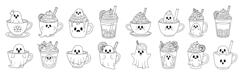 cute ghost in coffee cup halloween kawaii characters set
