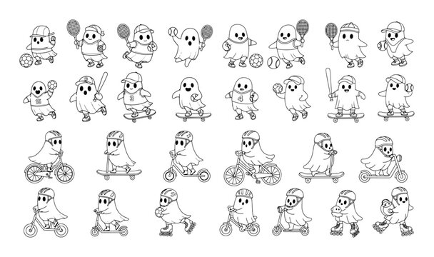 big set of cute cartoon ghosts doing activities vector