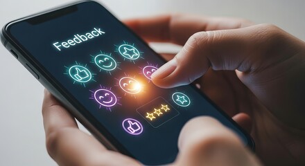 Customer feedback survey with emoji ratings on smartphone screen