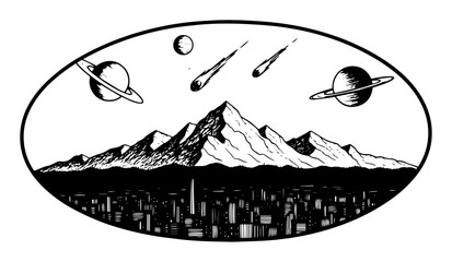 surreal city mountain landscape with planets and comets vector