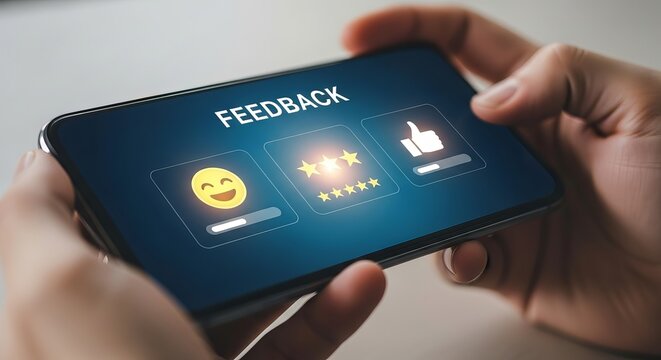 Customer feedback on smartphone screen with rating icons and thumbs up