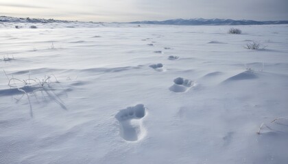 Ice age human footprints in snowy prehistoric landscape