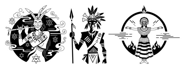 set of mystical shaman figures tribal ritual vector