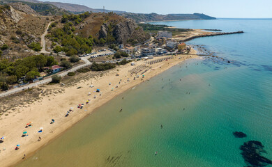 Panoramic aerial view of the beach and coast of Siculiana Marina, in the province of Agrigento, Sicily, Italy. It is a small coastal village overlooking the Mediterranean Sea.