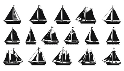 Collection of black silhouette sailing vessels on white background.