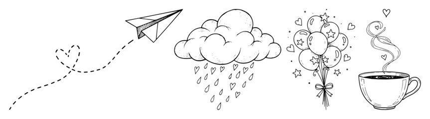 cute doodle story from paper plane to coffee cup vector set