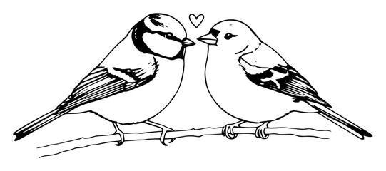 two cute love birds kissing on a branch sketch vector