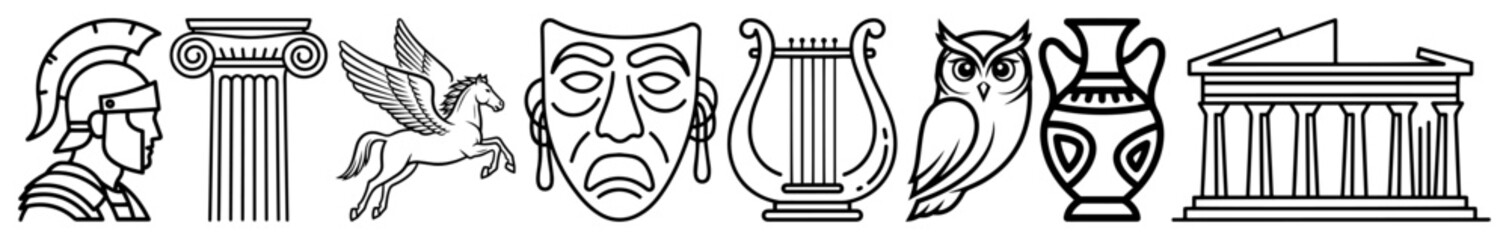 ancient greece mythology and culture icon set line art vector