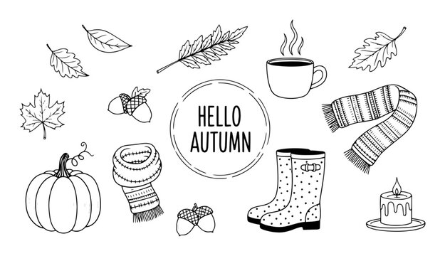 hello autumn cozy fall season doodle set vector