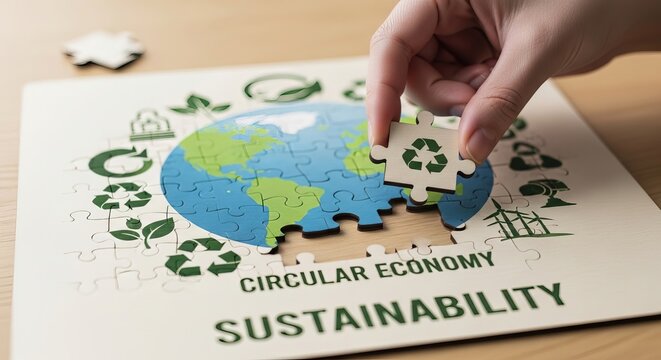 Hand completing circular economy sustainability puzzle with globe and recycling symbols
