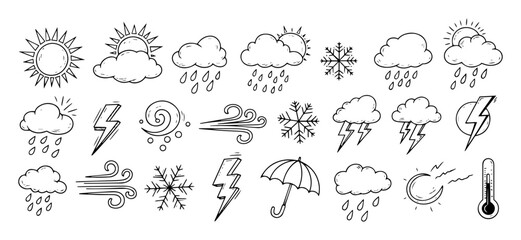 big set of hand drawn weather forecast doodle icons vector