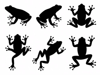 Dynamic frog silhouettes leap and crawl in various poses, perfect for nature and science themes