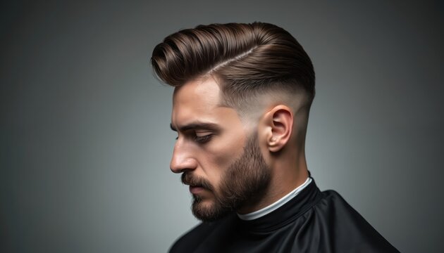 Man with fashionable fade haircut, groomed beard. Male client in barbershop profile view shows stylish hair. Young model demonstrates modern coiffure after pro grooming. Guy with perfect hairstyling