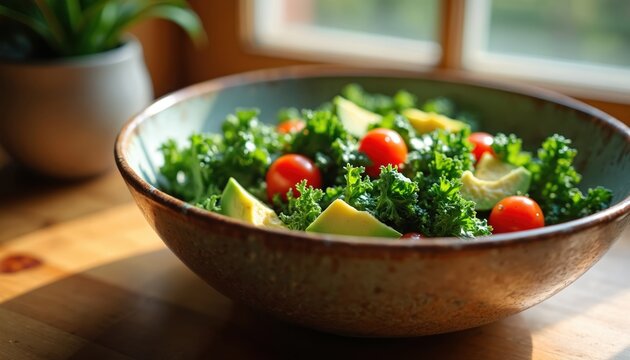 Bowl of fresh kale salad with avocado slices and cherry tomatoes on wooden table. Healthy lunch meal bathed in sunlight by window. Simple, organic vegan food. - Powered by Adobe