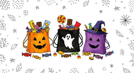 Three cute Halloween candy bags with treats and decorative elements, in a playful drawing style
