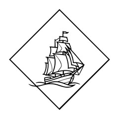 vintage sailing ship in diamond frame logo line art