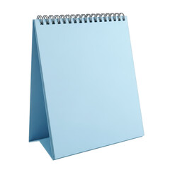 Blank light blue spiral bound desk calendar standing upright isolated on transparent background