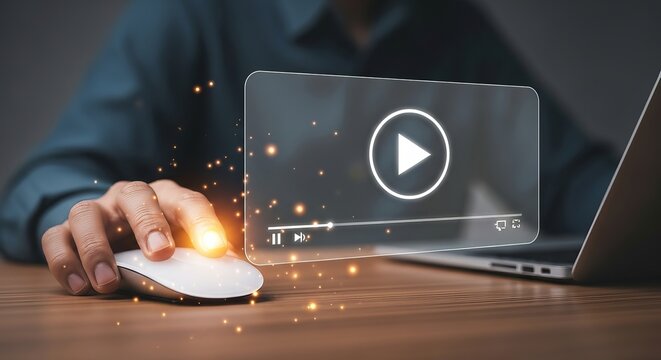 Person using computer mouse to play video on digital screen interface