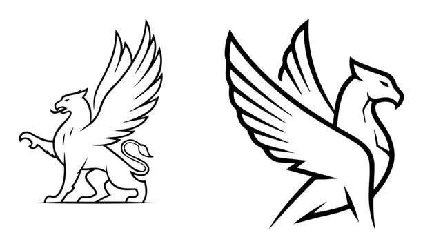 mythical griffin gryphon heraldic logo set line art