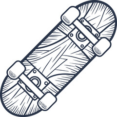 Obraz premium Vintage wooden skateboard illustration with detailed deck and wheels, hand drawn outline isolated on white