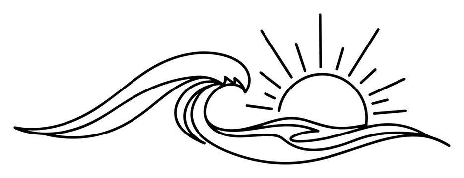simple ocean wave and sun line art logo vector illustration