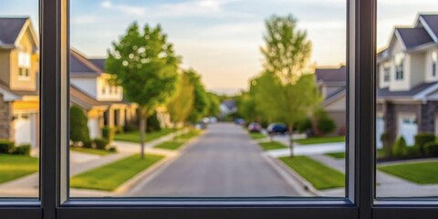 Fototapeta premium Food Insecurity A peaceful suburban street viewed through a window with soft lighting and greenery.