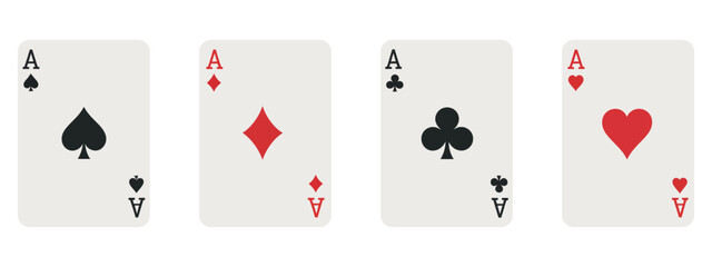Set of all four suits of aces playing cards including hearts, diamonds, clubs and spades in vector, perfect for poker illustrations, casino graphics, card game designs, and gambling artwork projects.